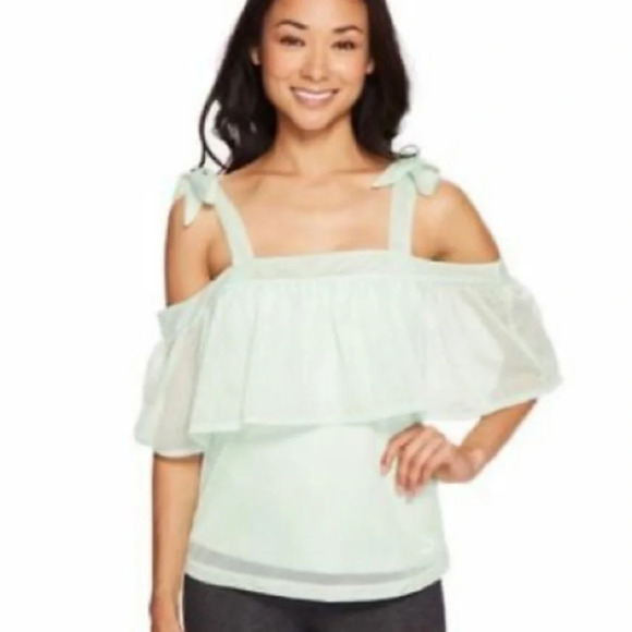 PUMA Extreme Off Shoulder Mesh Mint Ruffle Top  L - Picture 1 of 9